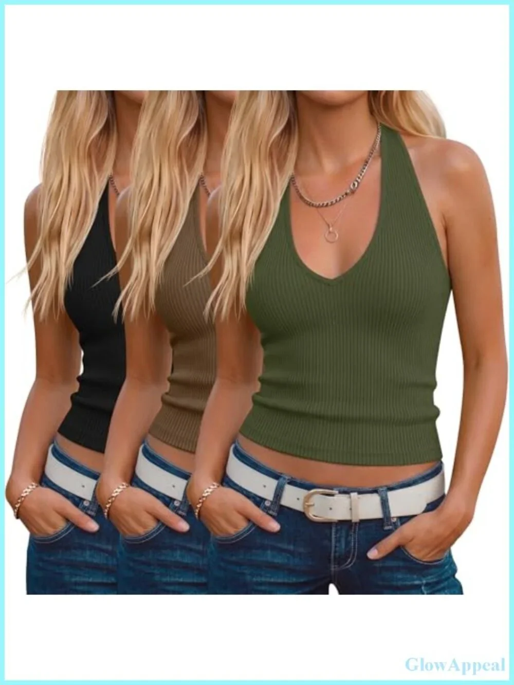 3 Pack Halter Cotton Tank Tops V Neck Cami Shirts Ribbed Sleeveless Summer Y2K